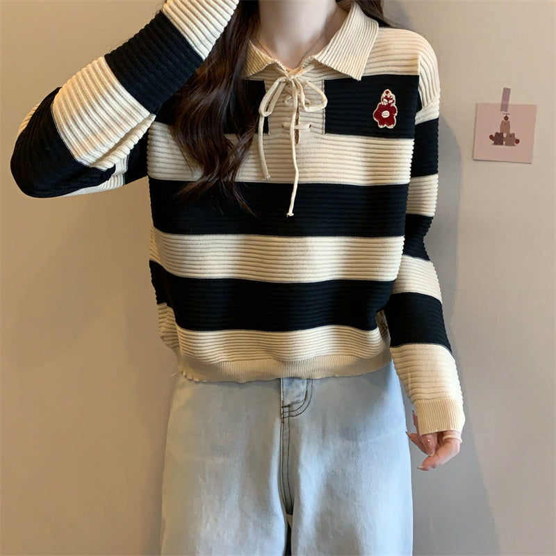 Suéter a rayas con cuello tipo polo de estilo coreano para mujer