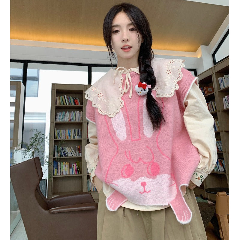 Suéter de punto sin mangas de jacquard con conejito kawaii para mujer