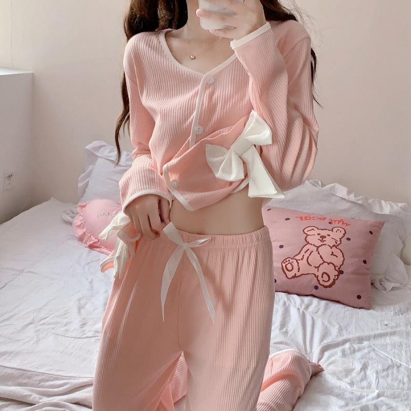 Женский пижамный комплект Kawaii с глубоким вырезом и бантом