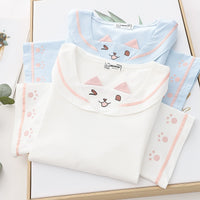 Damen-T-Shirt mit Kawaii-Matrosenkragen und Katze