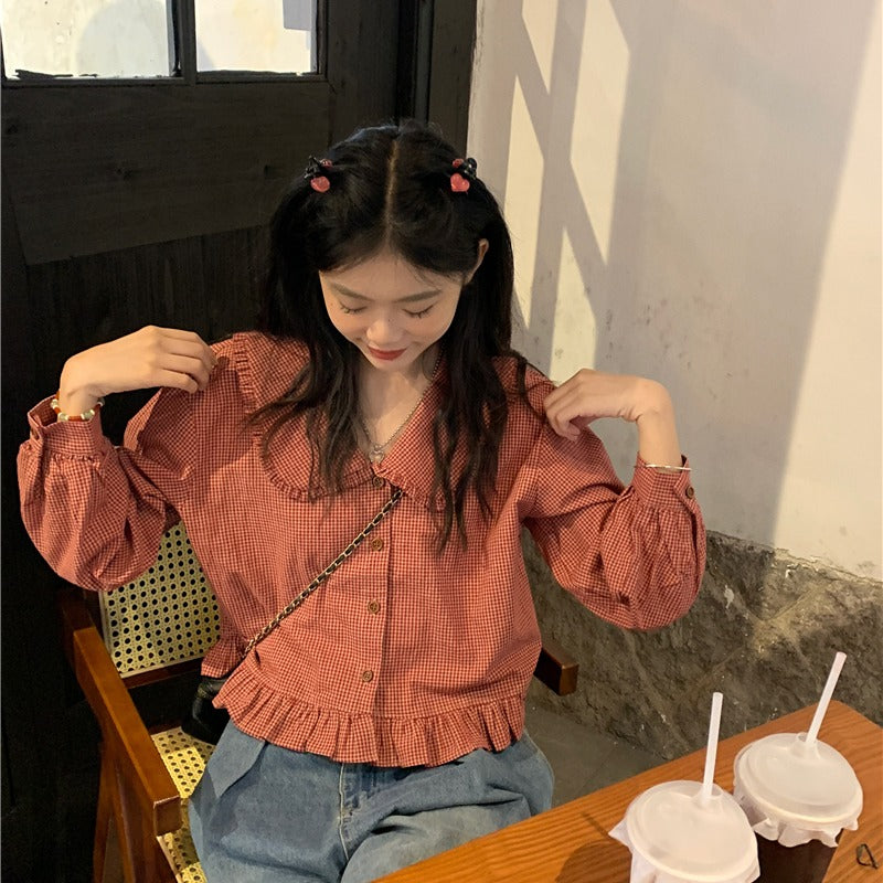 Женская рубашка в клетку с рюшами в корейском стиле