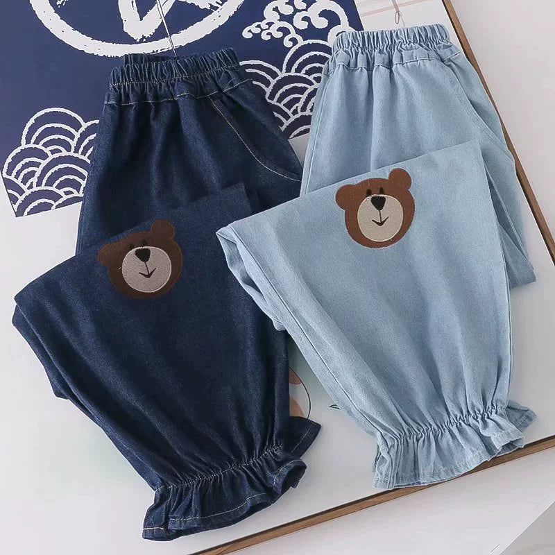 Women's Kawaii Bear Printed Ruffled Denim Pants