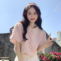 Damen-T-Shirt im koreanischen Stil mit Puppenkragen und Puffärmeln