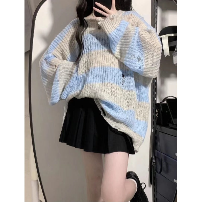 Suéter largo a rayas rasgado estilo coreano para mujer