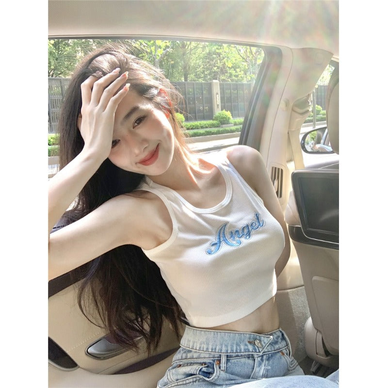 Camiseta sin mangas con bordado de letras de estilo coreano para mujer