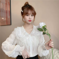 Damen-Hemd im koreanischen Stil mit Spitzen-Puppenkragen und Rüschen