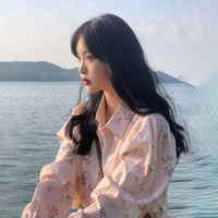 Женская рубашка в корейском стиле с цветочным принтом и пышными рукавами