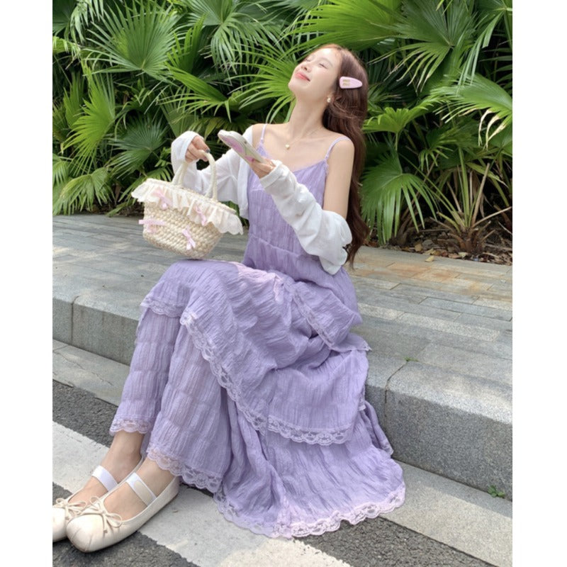 Women's Korean Style Plunging Lace Hem Slip Dress