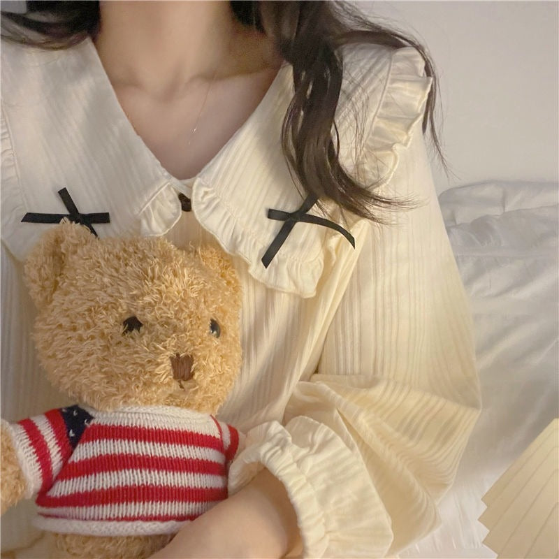 Женский пижамный комплект Kawaii с кукольным воротником и длинными рукавами