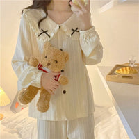 Conjunto de pijama de manga larga con cuello de muñeca Kawaii para mujer