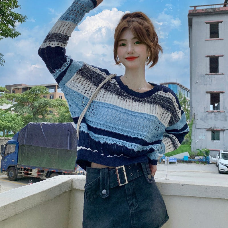 Haut tricoté à découpes de couleur contrastée de style coréen pour femmes