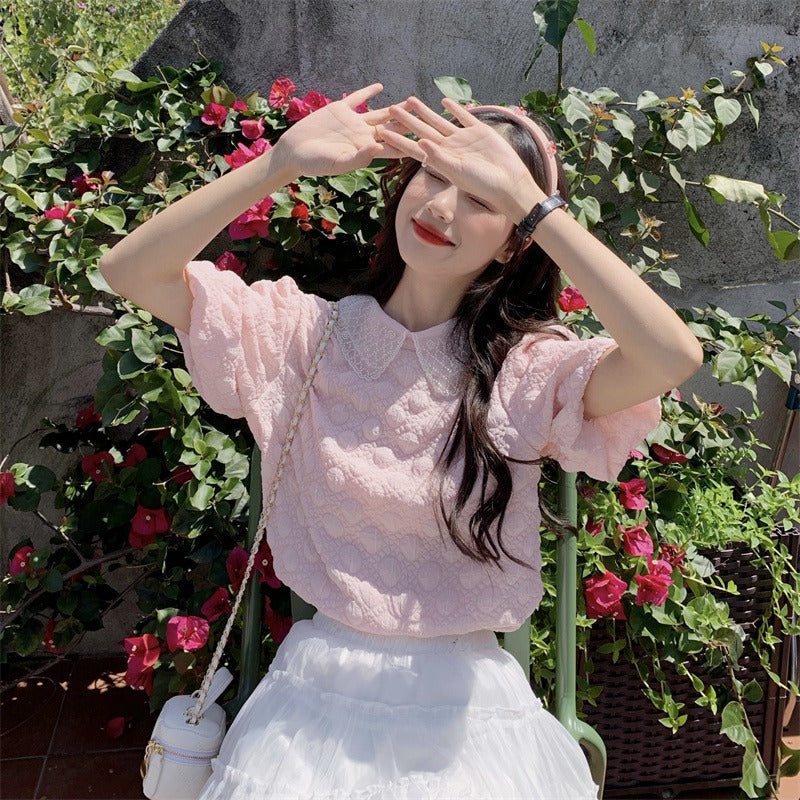 T-shirt da donna con maniche a sbuffo e colletto a bambola in stile coreano