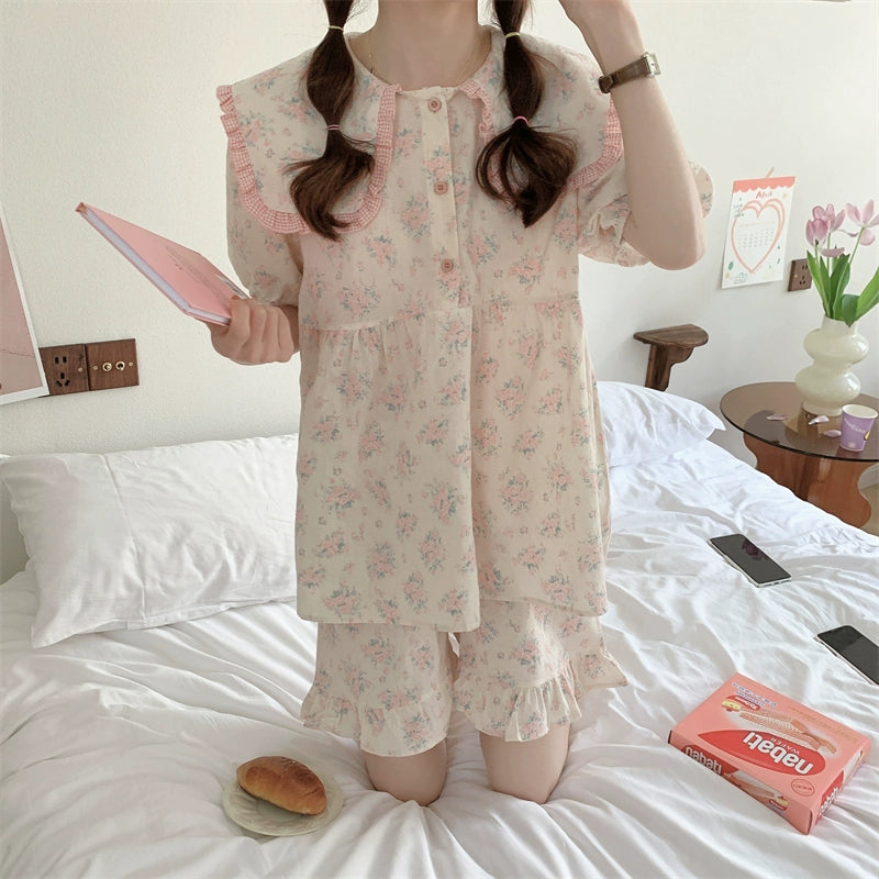 Женская пижама с рюшами и цветочным принтом в стиле кавайный кукольный воротник