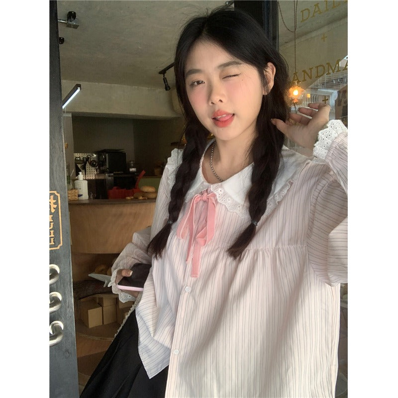 Camicia a righe con lacci con colletto a bambola in stile coreano da donna