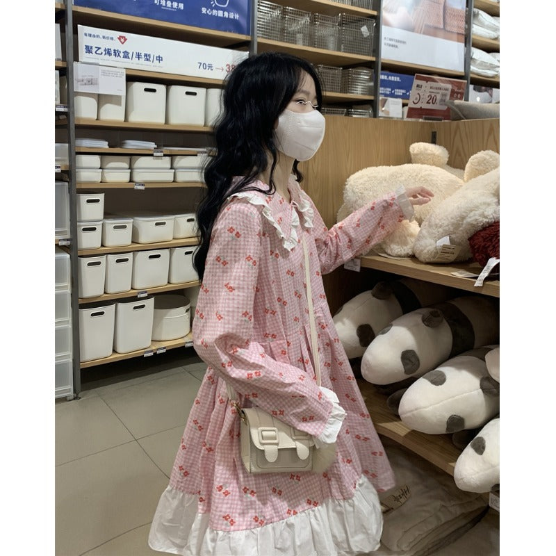 Robe à volants à carreaux imprimé floral Lolita pour femmes