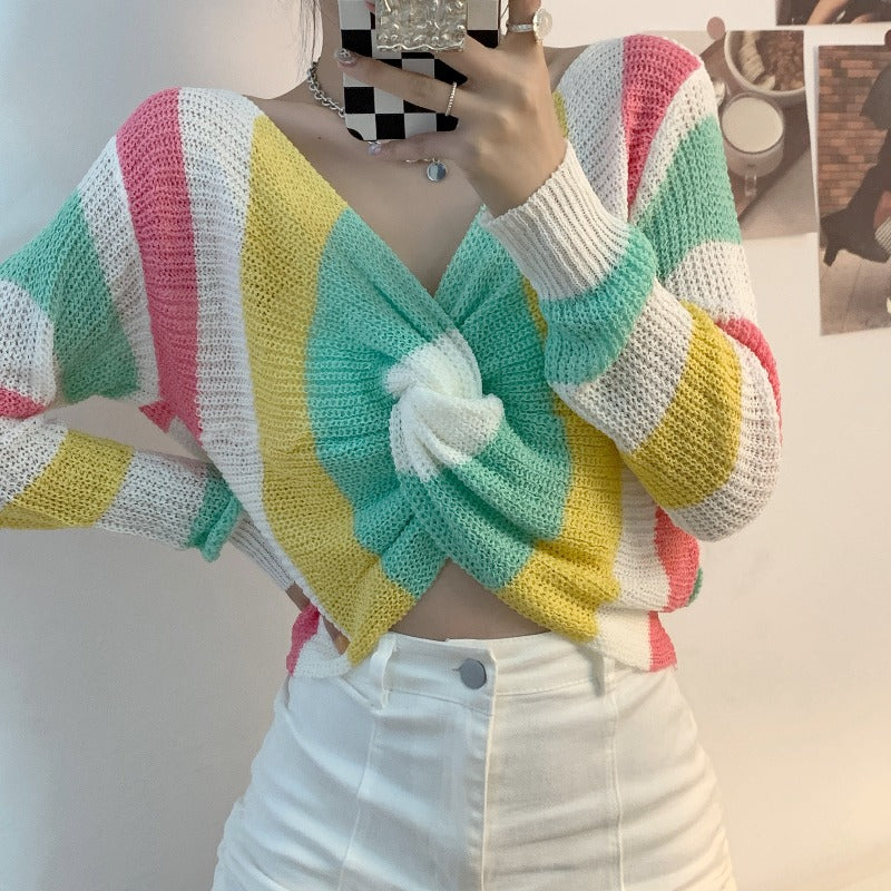 Women's Korean Style Plunging Long Sleeved Knitted Crop Top