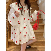 Vestido corto de mujer kawaii de manga larga con bordado de fresas