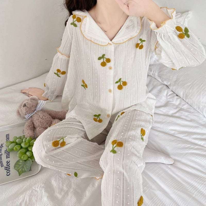 Women's Kawaii Cherry Puff Sleeved Pajama Set