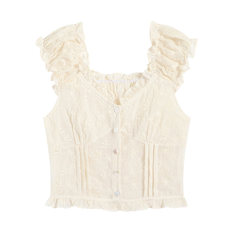 Women's Vintage Floral Embroidered Ruffled Tank Top