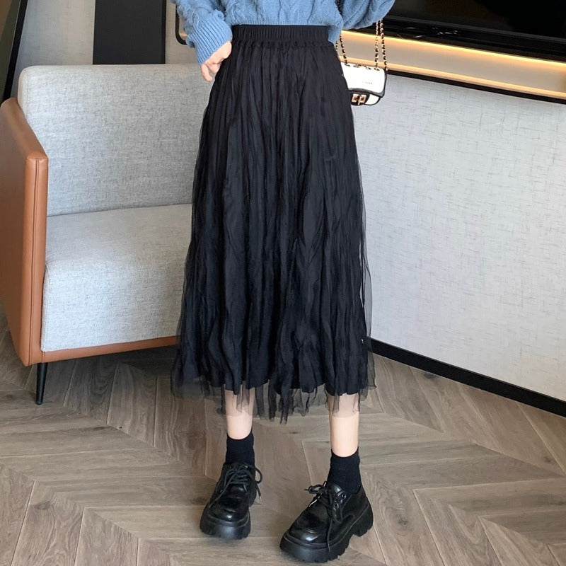 Falda de malla plisada de estilo coreano para mujer