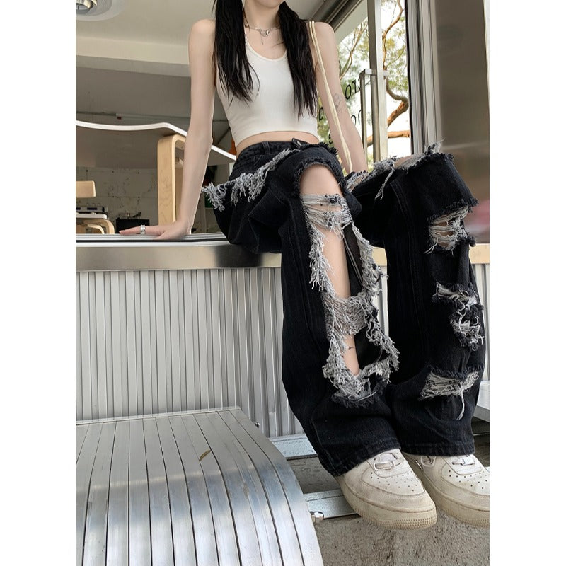 Pantalones rectos rasgados estilo coreano para mujer