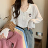 Women's Korean Style Bear Embroidered Long Sleeved Knitted Crop Top