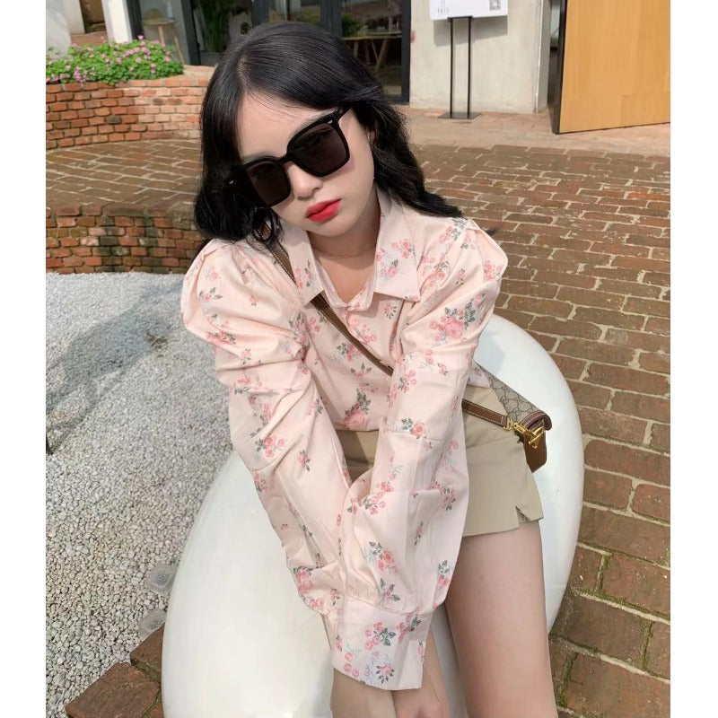 Camicia da donna con maniche a sbuffo stampata floreale in stile coreano