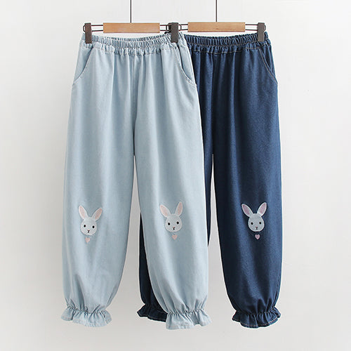 Women's Kawaii Rabbit Printed Ruffled Denim Pants