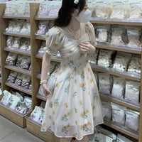 Vestido floral con cuentas y mangas abullonadas estilo coreano para mujer