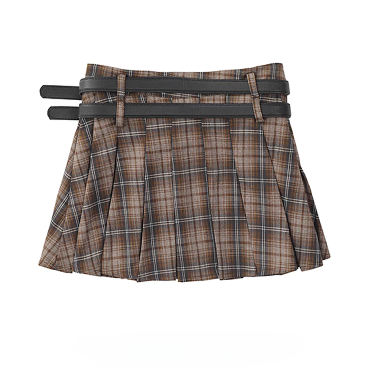 Women's Korean Style Plaid Pleated Skirt with Double Belts
