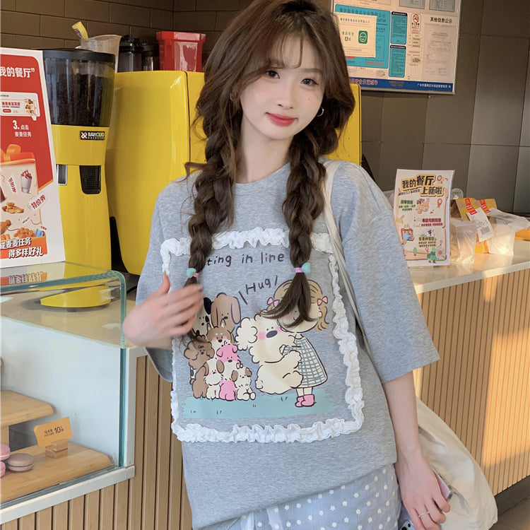 Женская футболка с рюшами и принтом Kawaii Cartoon