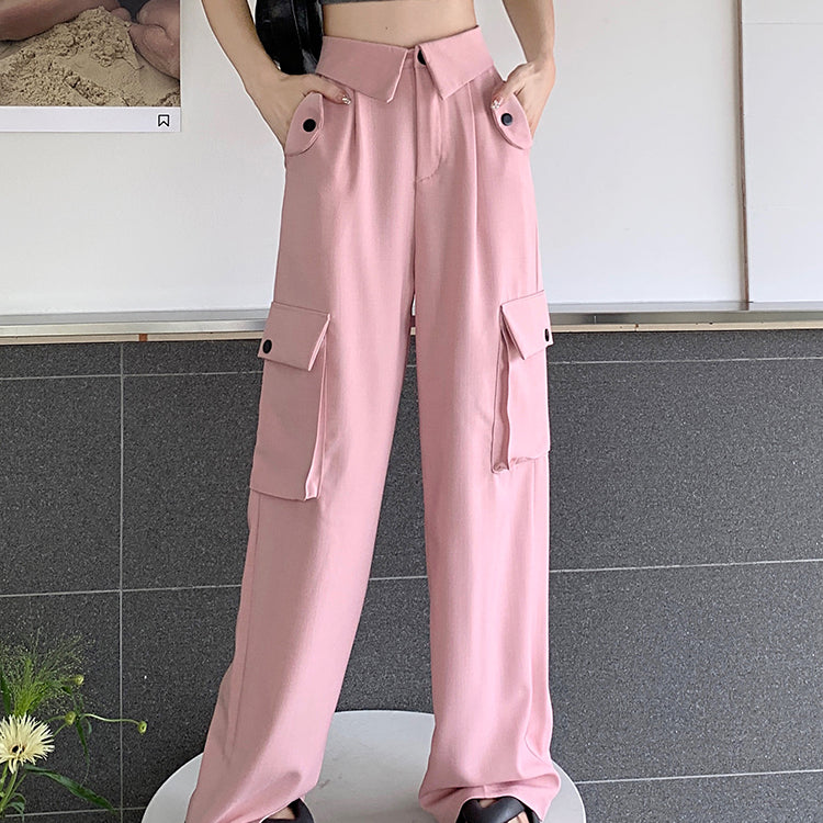 Pantalones con dobladillo vuelto y bolsillos grandes estilo coreano para mujer