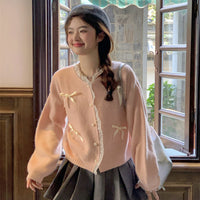 Cárdigan de punto con dobladillo de encaje y lazo de estilo coreano para mujer