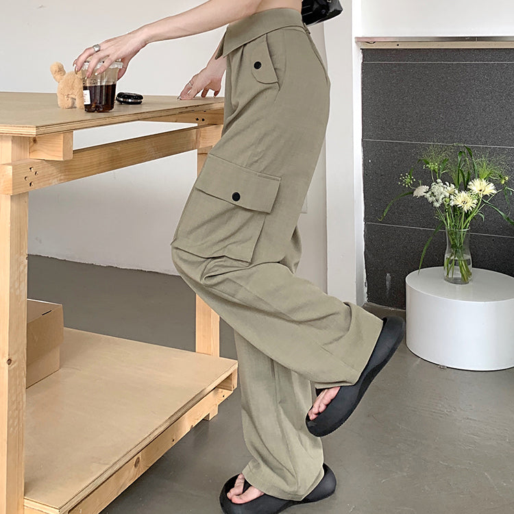 Women's Korean Style Big-pocket Turnup Hem Pants