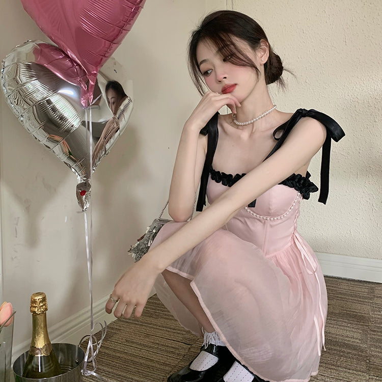 Women's Korean Style Lace-up Beaded Slip Dress