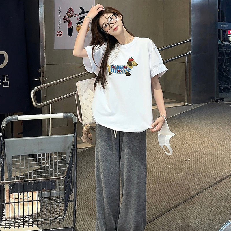 Women's Kawaii Dog Embroidered T-shirt