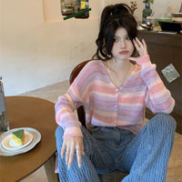 Women's Korean Style Striped Knitted Short Cardigan