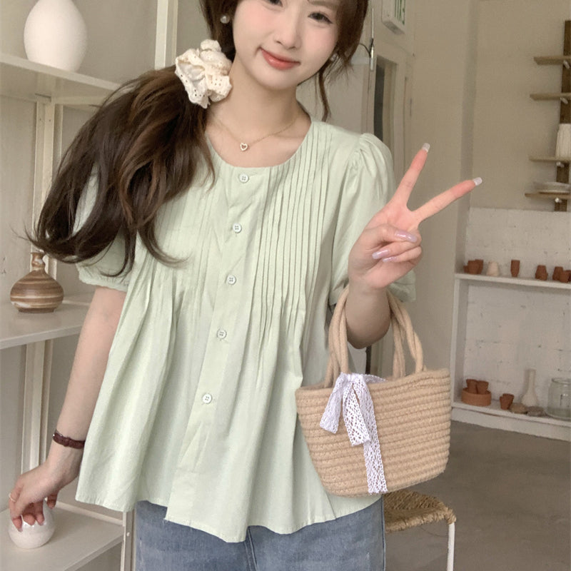 Camisa plisada con mangas abullonadas estilo coreano para mujer