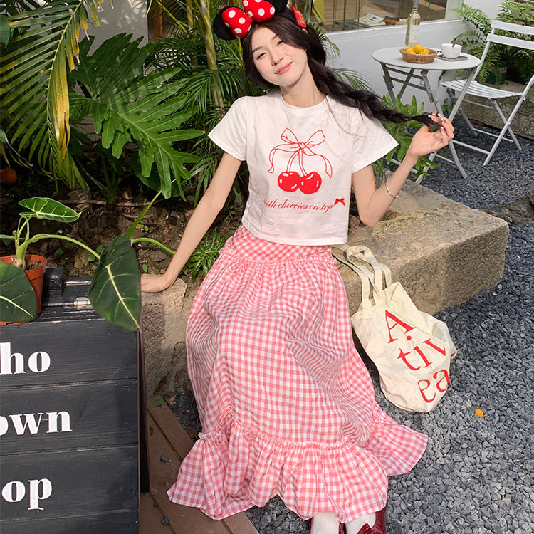 Women's Kawaii Cherry Printed T-shirt with Ruffled Plaid Skirt