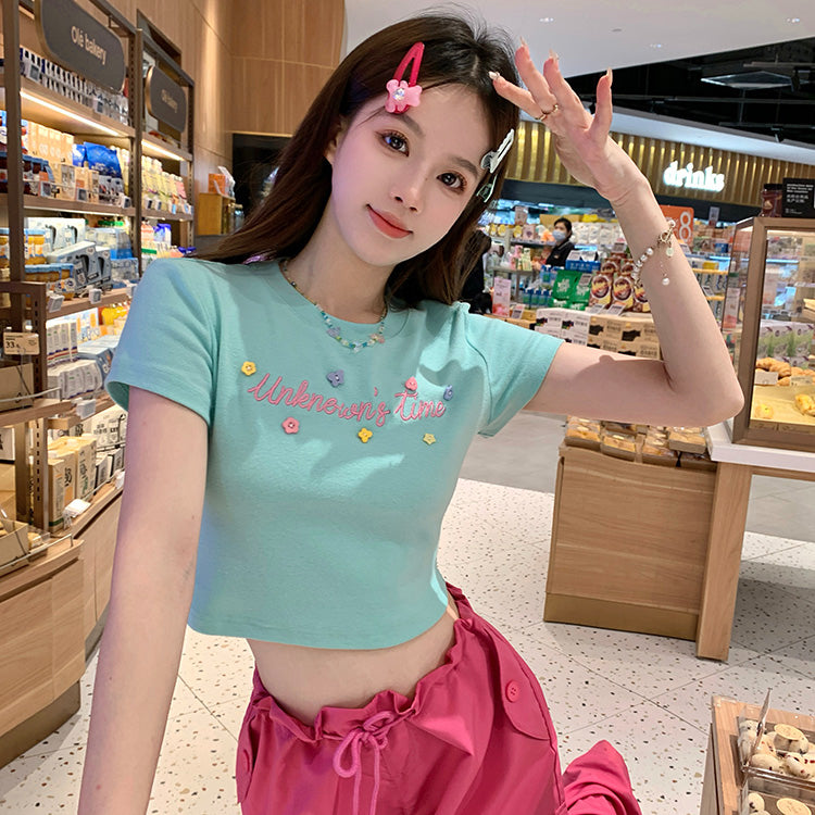 Women's Cute Letter Embroidered Button Crop Top