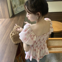 レディース韓国風パフスリーブ巾着花柄シャツ