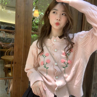 Women's Korean Style Turn-down Collar Flower Knitted Cardigan