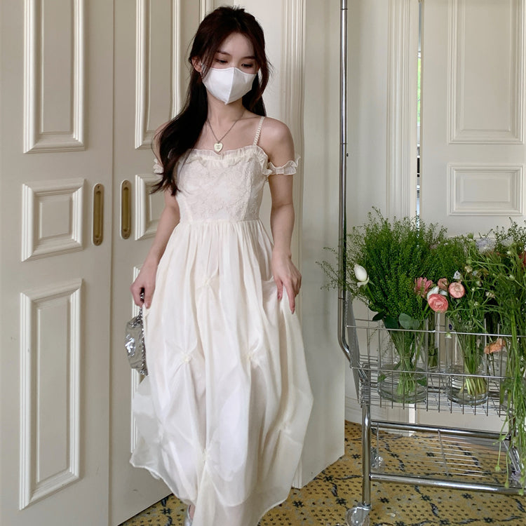 Women's Korean Style Lace Splice Ruffled Slip Dress