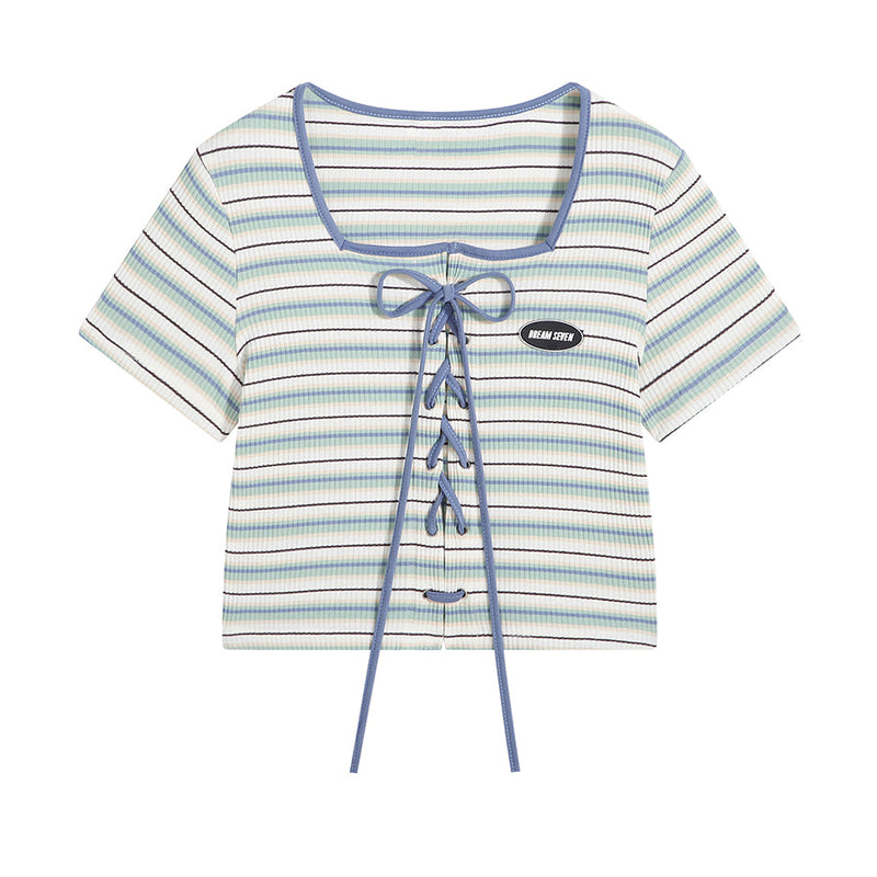 Women's Korean Style Lace-up Striped Knitted Top