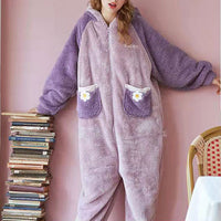 Pyjama d'hiver en laine de couleur contrastée Kawaii pour femmes avec nœud papillon