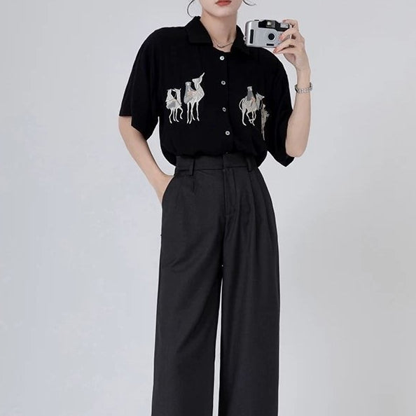 Camicie ricamate cammello moda coreana da donna