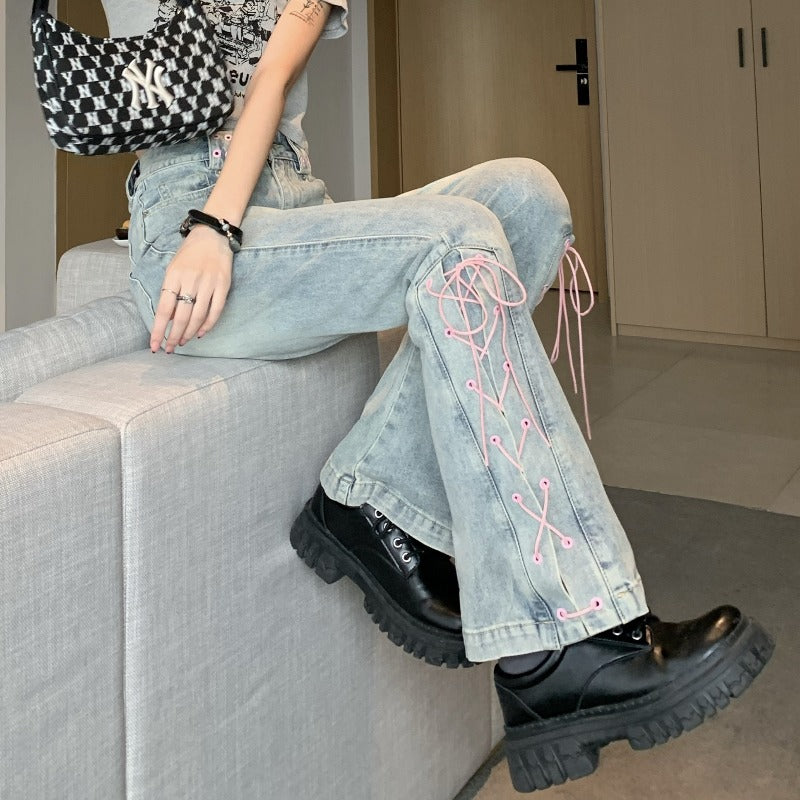 Women's Kawaii Strappy Flared Jeans