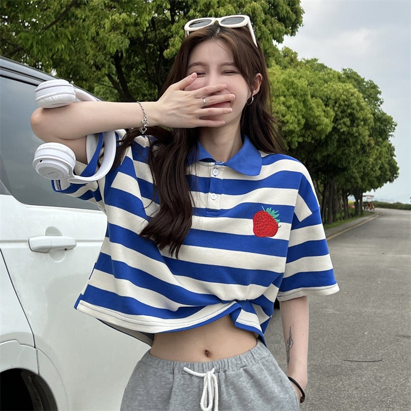 Women's Korean Fashion Strawberry Stripe Short Sleeved Polo Shirt