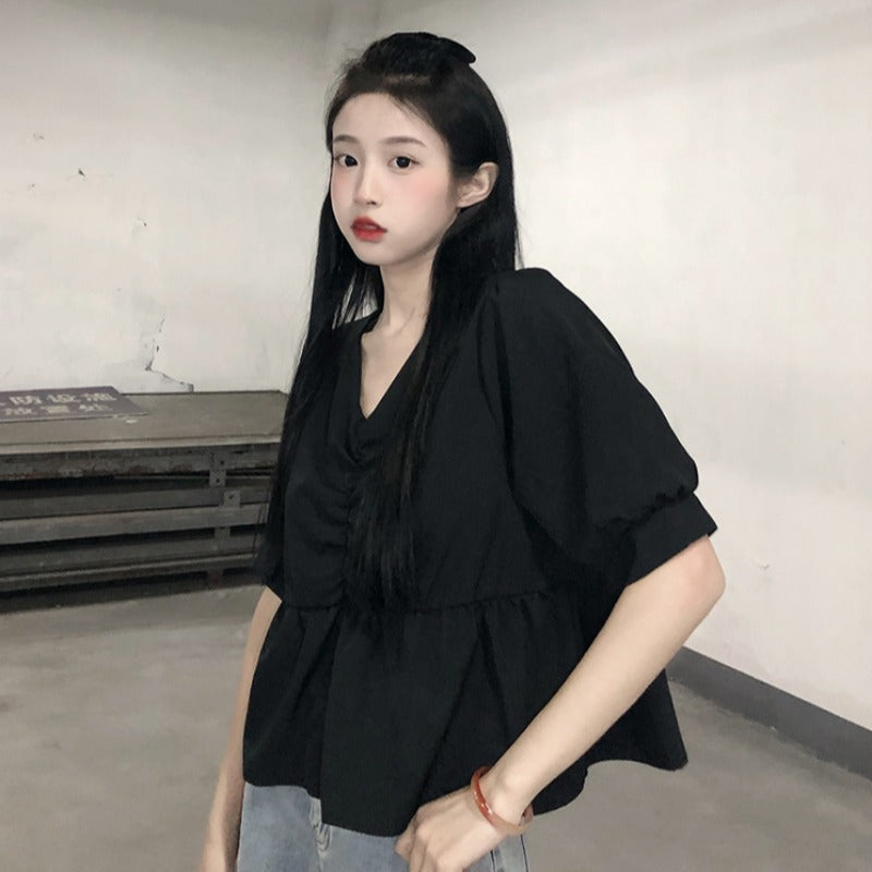 Women's Korean Fashion V-neck Puff Sleeved Shirt