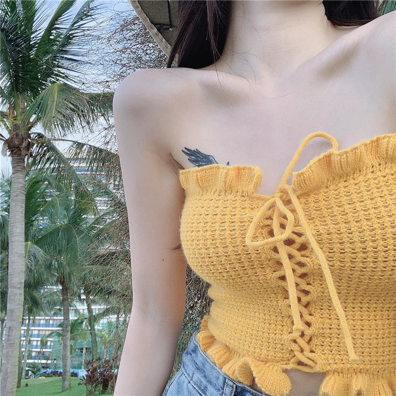 Women's Korean Style Strappy Ruffled Knitted Bustier